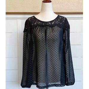 Elle Black Sheer‎ Floral Lace Polka Dot Round Scoop Neck Blouse Top - M
